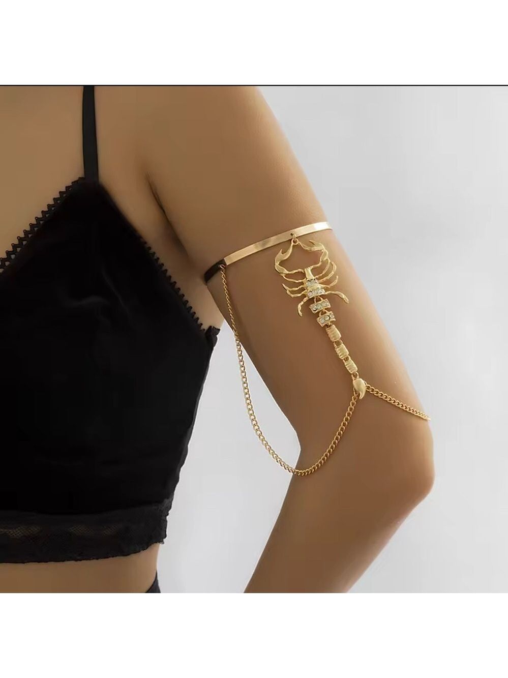 New Gold Scorpion Upper High Arm Cuff Bracelet w/ Rhinestone & Chain Accents - Picture 3 of 11